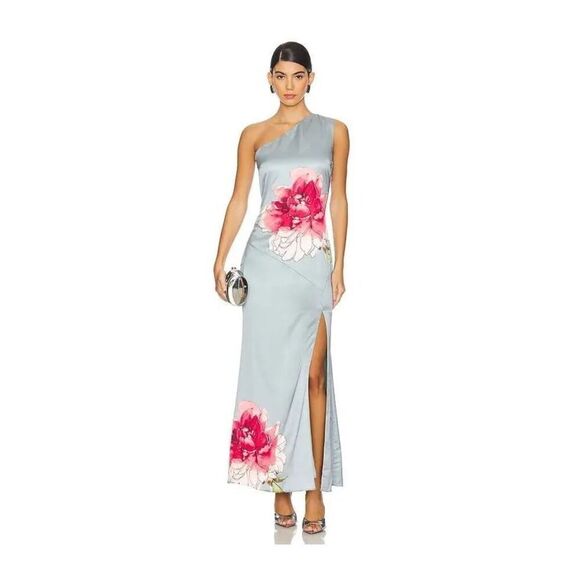 Elliatt Iliad One Shoulder Maxi Dress - Grey Floral Wedding Guest size M NWT - Picture 1 of 9